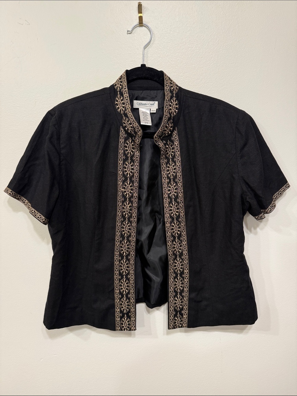 Cold Water Creek Black Short-Sleeve Embroidered Linen Blend Open Front Jacket
